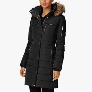 MICHAEL KORS Faux Fur Trim Down Puffer Coat - Black - XS